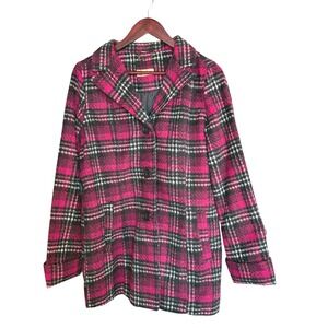 Odyn Pink Black Plaid Wool Blend Pea Coat Jacket Y2K Women's Large No Belt